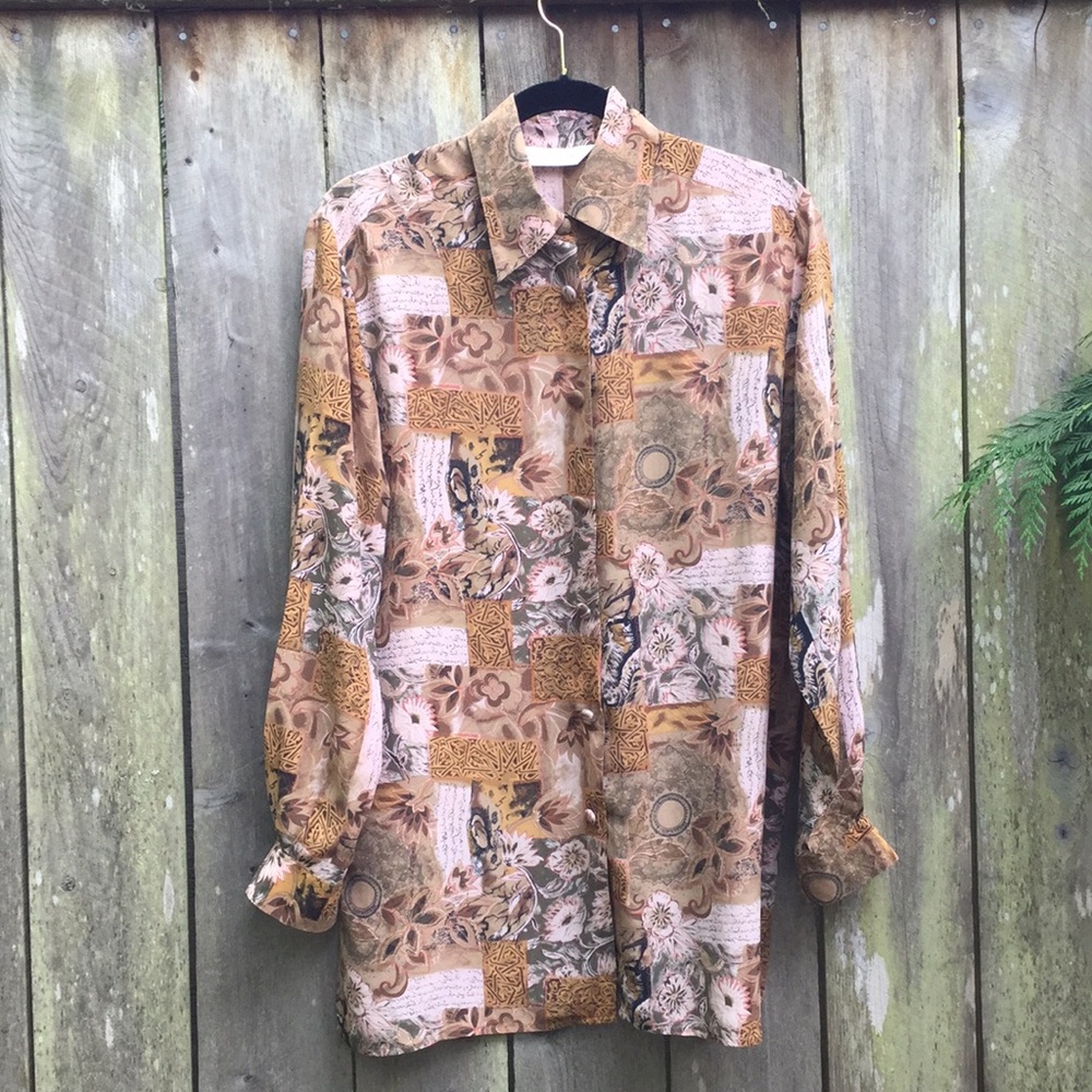 SILK vintage casual corner blouse w/silk buttons M